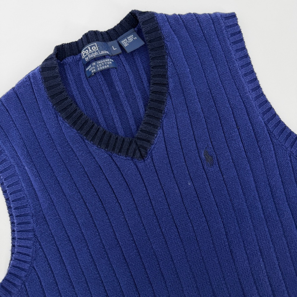 Vintage Polo Ralph Lauren Kids‎ Blue Ribbed Cotton V-Neck Sweater Vest Size L